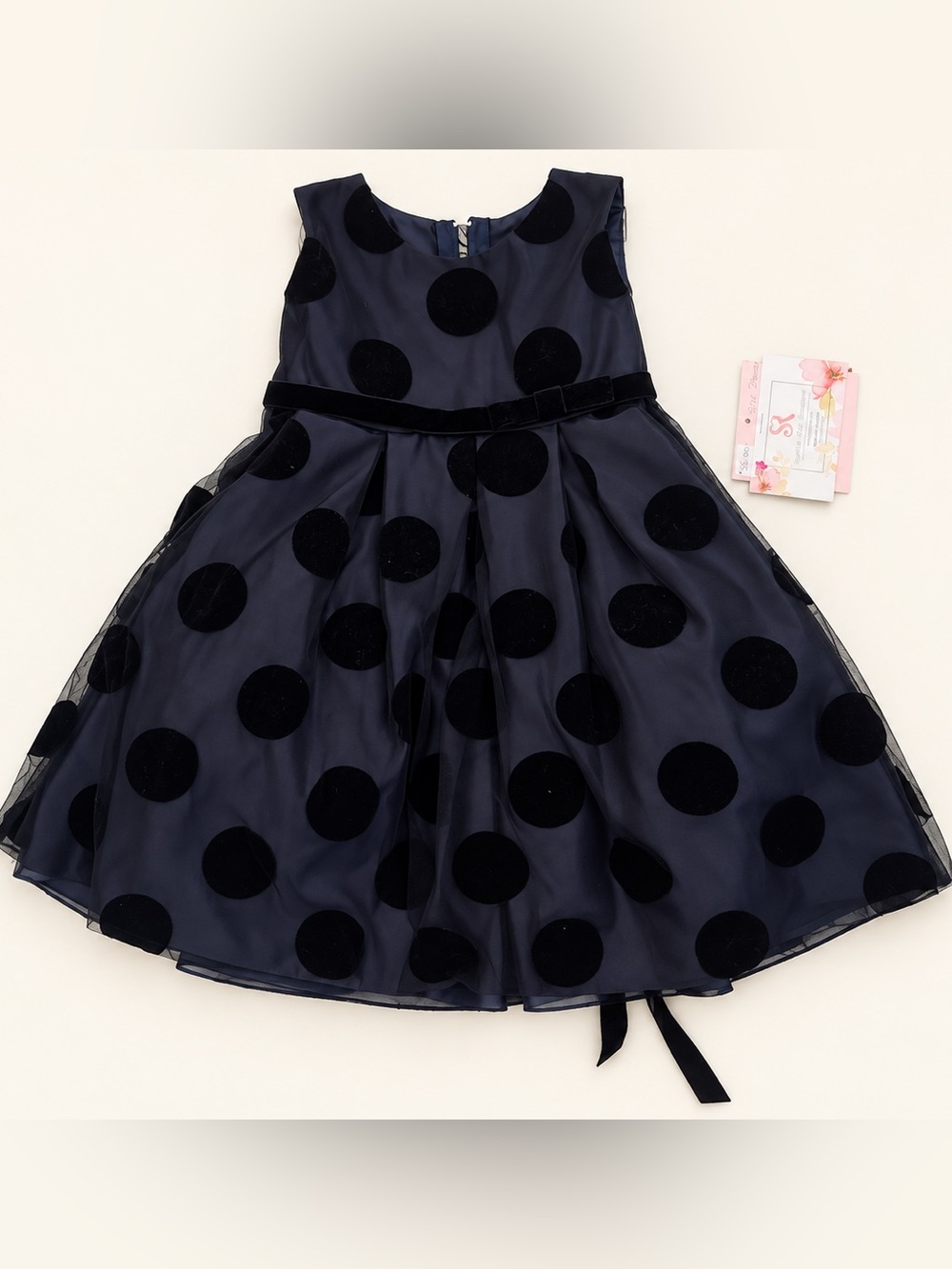 Girls' Navy Velvet Polka Dot Party Dress